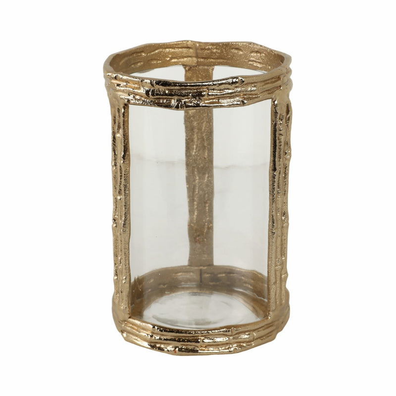 Metal, 8" Hurricane W Glass, Gold - Al Rugaib Furniture