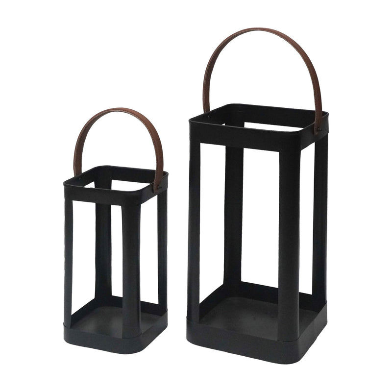 Metal, S/2 13/18"H Lanterns W/ Faux Leather Handle - Al Rugaib Furniture