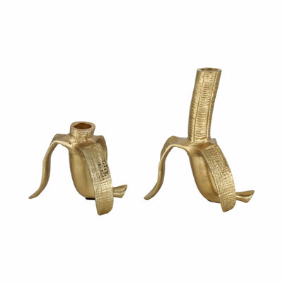 Metal, S/2 6" Banana Taper Candle Holders, Gold - Al Rugaib Furniture
