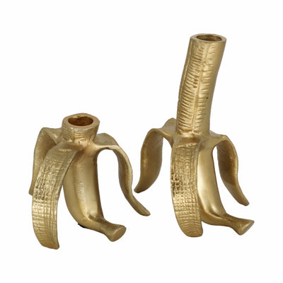 Metal, S/2 6" Banana Taper Candle Holders, Gold - Al Rugaib Furniture