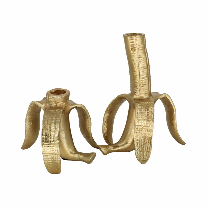 Metal, S/2 6" Banana Taper Candle Holders, Gold - Al Rugaib Furniture