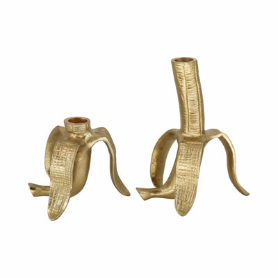 Metal, S/2 6" Banana Taper Candle Holders, Gold - Al Rugaib Furniture
