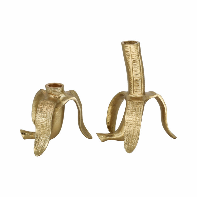 Metal, S/2 6" Banana Taper Candle Holders, Gold - Al Rugaib Furniture
