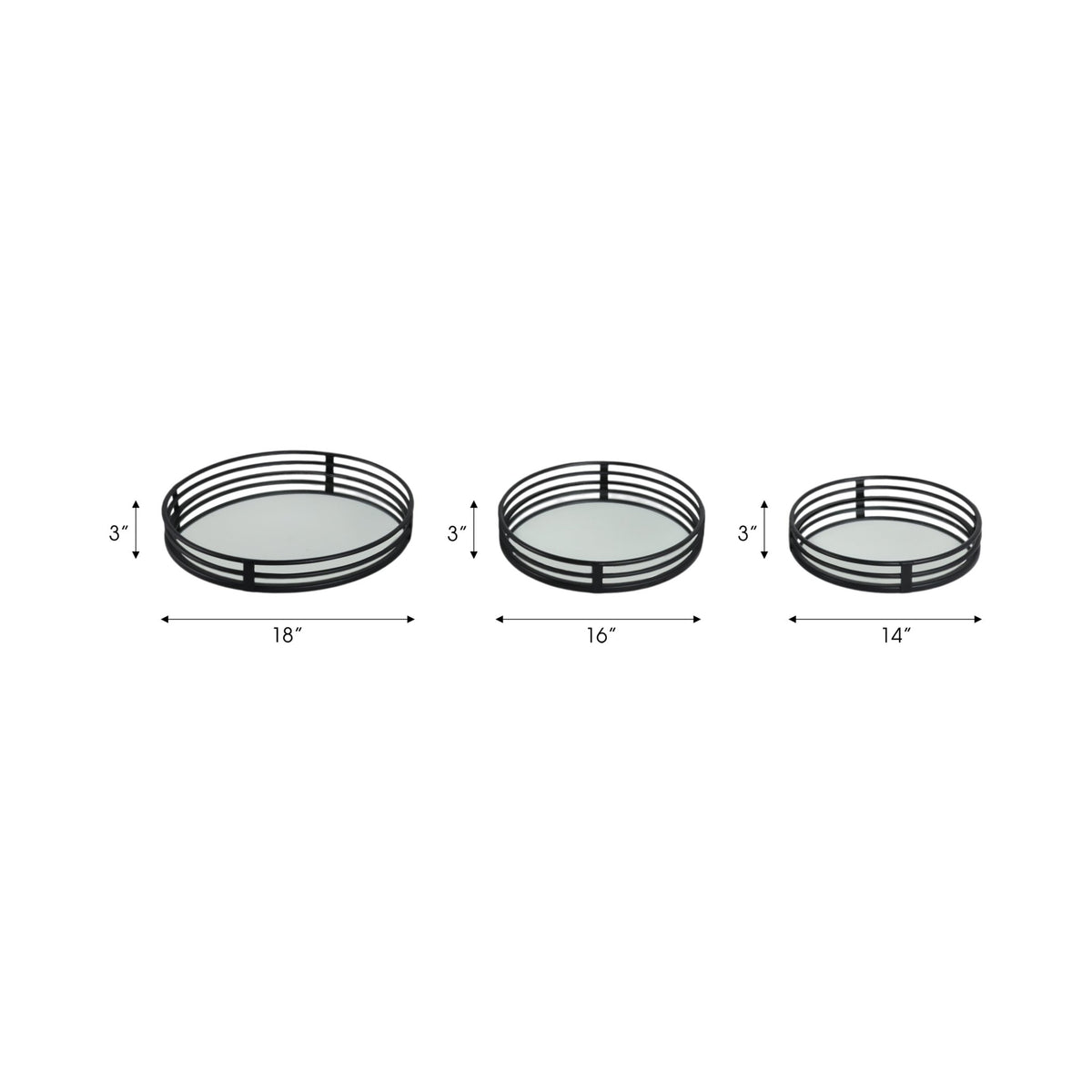 METAL, S/3 14/16/18" ROUND MIRRORED TRAYS, BLACK Tray| Sagebrook Home