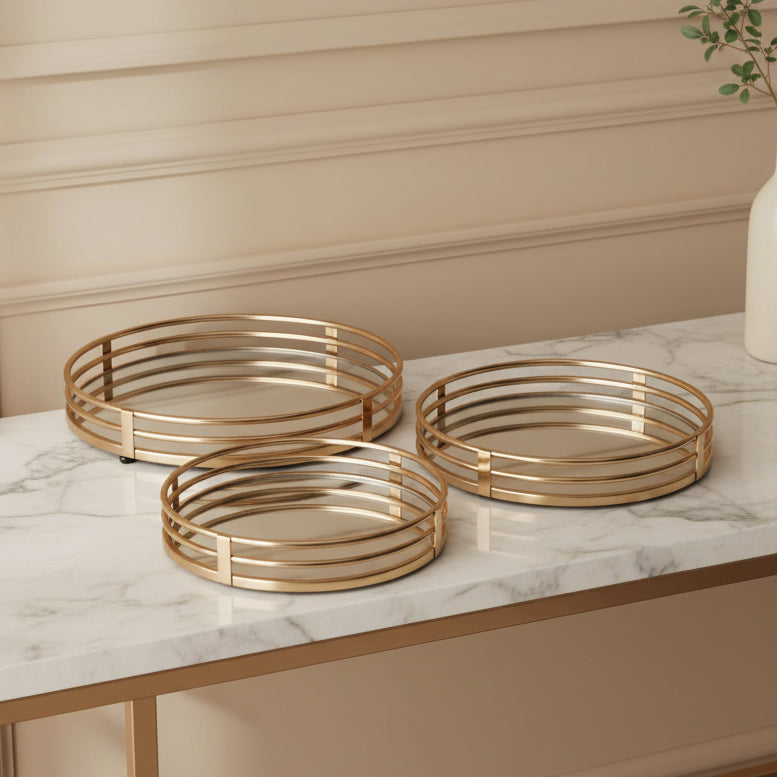 METAL, S/3 14/16/18" ROUND MIRRORED TRAYS, GOLD Tray| Sagebrook Home