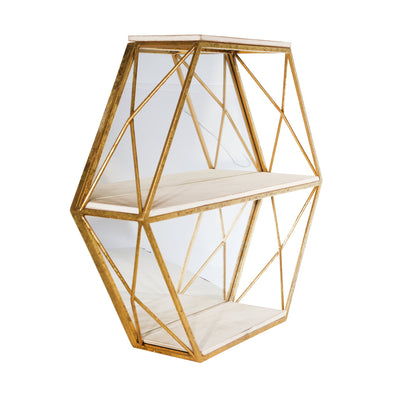 METAL / WOOD 3 TIER HEXAGON WALL SHELF W/ MIRROR, - Al Rugaib Furniture