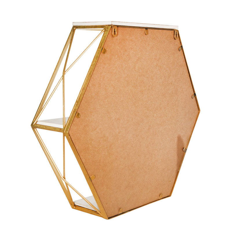 METAL / WOOD 3 TIER HEXAGON WALL SHELF W/ MIRROR, - Al Rugaib Furniture