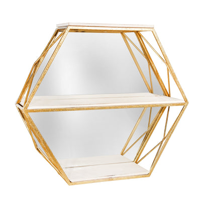 METAL / WOOD 3 TIER HEXAGON WALL SHELF W/ MIRROR, - Al Rugaib Furniture
