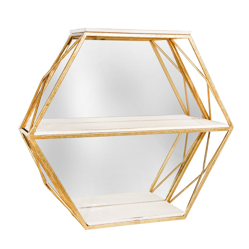 METAL / WOOD 3 TIER HEXAGON WALL SHELF W/ MIRROR, - Al Rugaib Furniture