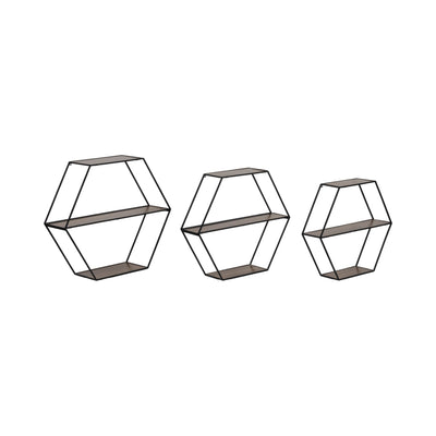 METAL/WD, S/3 21/24/26" HEX FOLDING WALL SHELF,BLK - Al Rugaib Furniture
