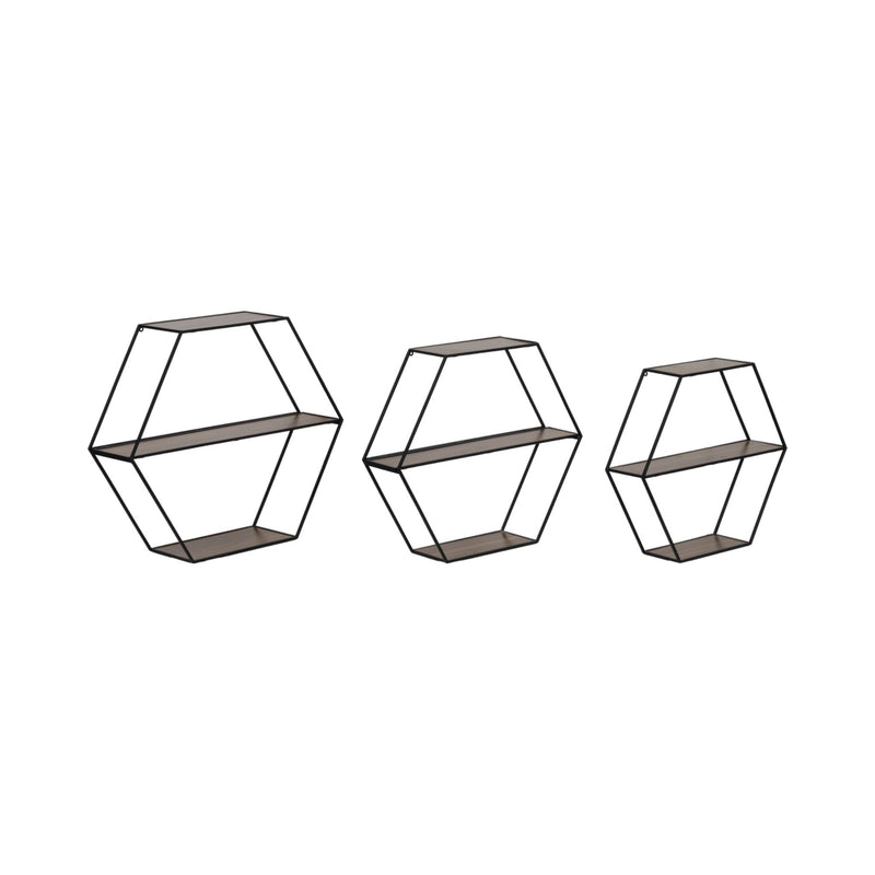 METAL/WD, S/3 21/24/26" HEX FOLDING WALL SHELF,BLK - Al Rugaib Furniture