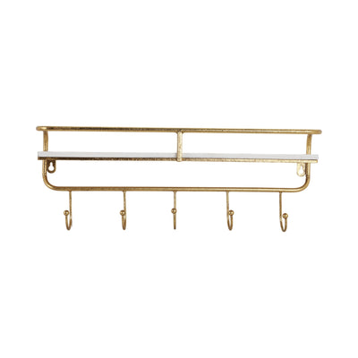 METAL/WOOD 20" 5 HOOK WALL SHELF, WHITE/GOLD - Al Rugaib Furniture