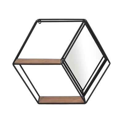 METAL/WOOD 20" HEXAGON MIRRORED WALL SHELF, BLACK - Al Rugaib Furniture