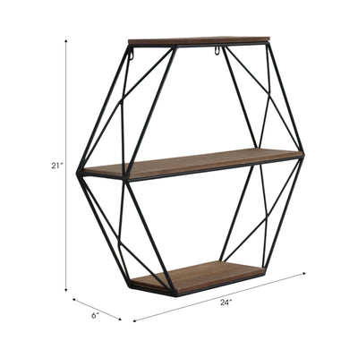 METAL/WOOD 3 TIER HEXAGON WALL SHELF, BROWN/BLACK - Al Rugaib Furniture