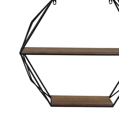METAL/WOOD 3 TIER HEXAGON WALL SHELF, BROWN/BLACK - Al Rugaib Furniture