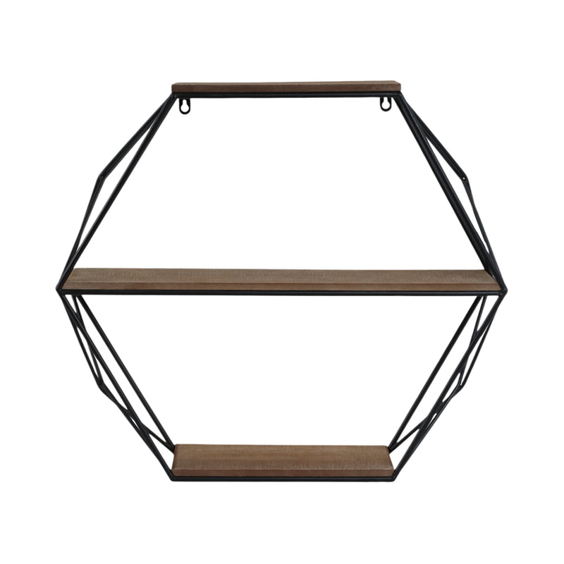METAL/WOOD 3 TIER HEXAGON WALL SHELF, BROWN/BLACK - Al Rugaib Furniture