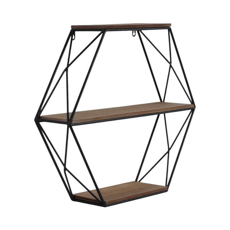METAL/WOOD 3 TIER HEXAGON WALL SHELF, BROWN/BLACK - Al Rugaib Furniture