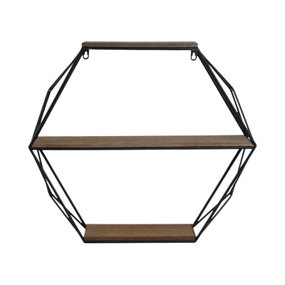 METAL/WOOD 3 TIER HEXAGON WALL SHELF, BROWN/BLACK - Al Rugaib Furniture