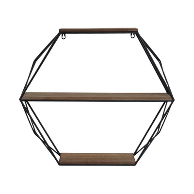 METAL/WOOD 3 TIER HEXAGON WALL SHELF, BROWN/BLACK - Al Rugaib Furniture