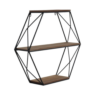 METAL/WOOD 3 TIER HEXAGON WALL SHELF, BROWN/BLACK - Al Rugaib Furniture