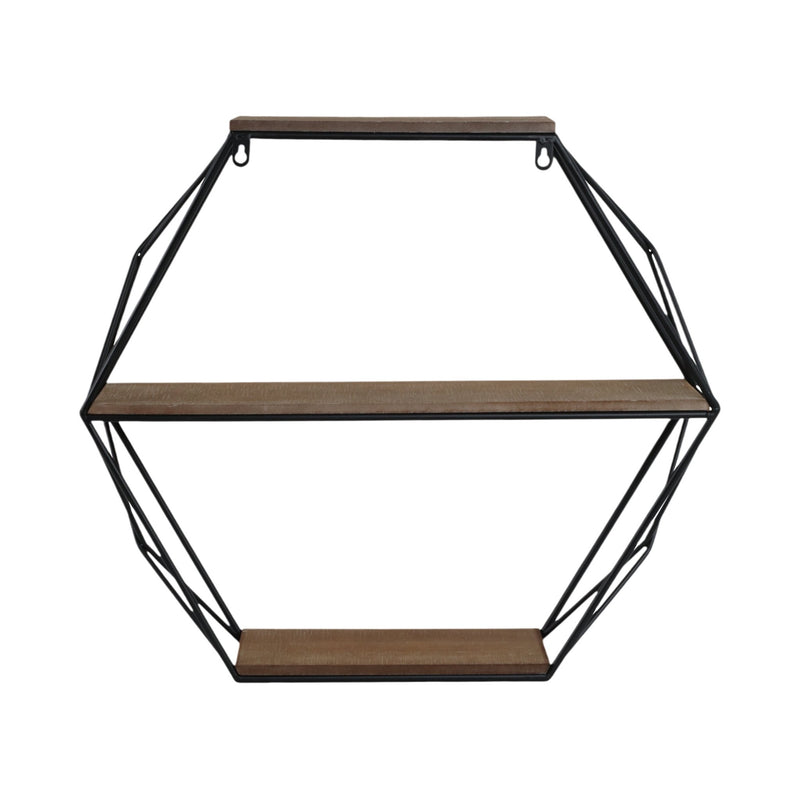 METAL/WOOD 3 TIER HEXAGON WALL SHELF, BROWN/BLACK - Al Rugaib Furniture