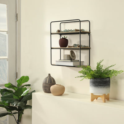 Metal/wood 3 Tier Wall Shelf, Brown/black - Al Rugaib Furniture