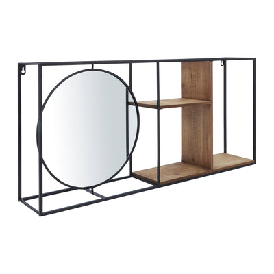 METAL/WOOD 34"L WALL SHELF WITH MIRROR, BLACK/BROW - Al Rugaib Furniture