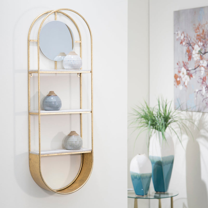 METAL/WOOD 35" OVAL WALL SHELFW/ MIRROR, GOLD - Al Rugaib Furniture