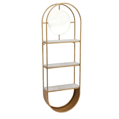 METAL/WOOD 35" OVAL WALL SHELFW/ MIRROR, GOLD - Al Rugaib Furniture