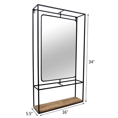 METAL/WOOD 36"H WALL SHELF WITH MIRROR, BLACK/BROW - Al Rugaib Furniture