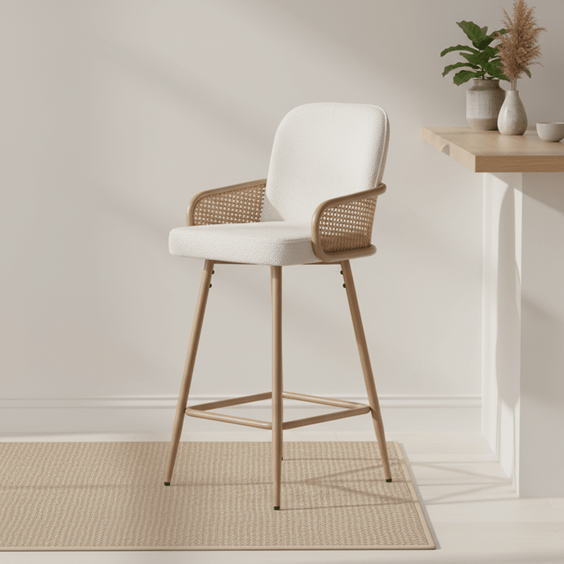 Milano Bar chair – bouclé with curved back and rattan panel Bar Stool| Otath