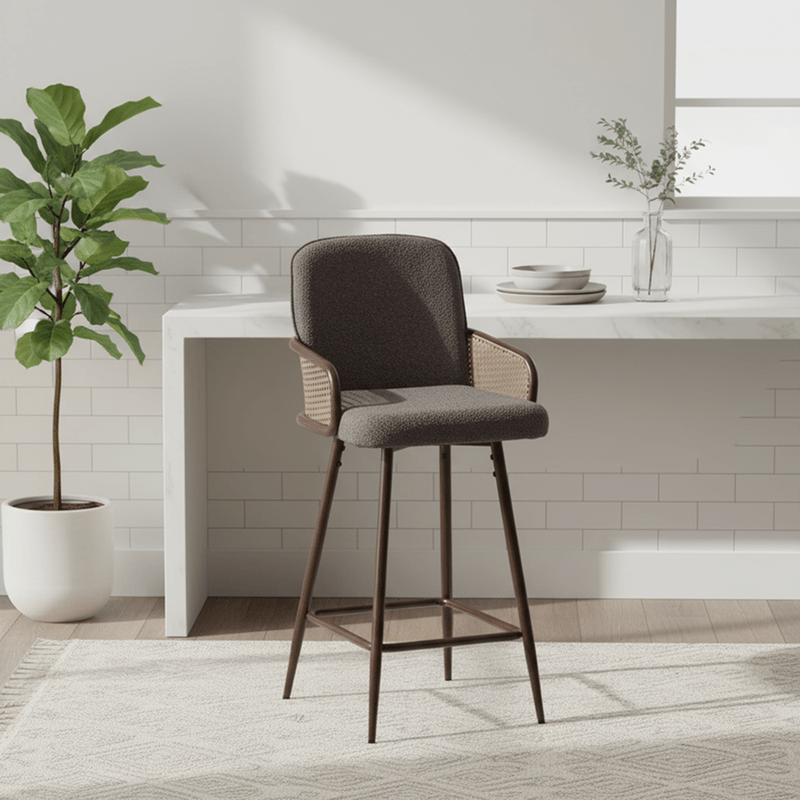 Milano Bar chair – bouclé with curved back and rattan panel Bar Stool| Otath