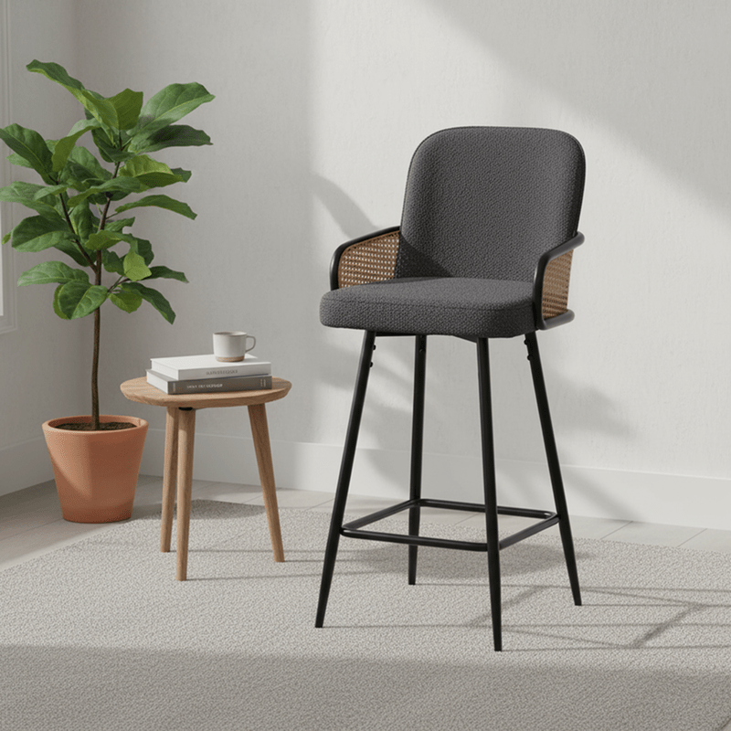 Milano Bar chair – bouclé with curved back and rattan panel Bar Stool| Otath