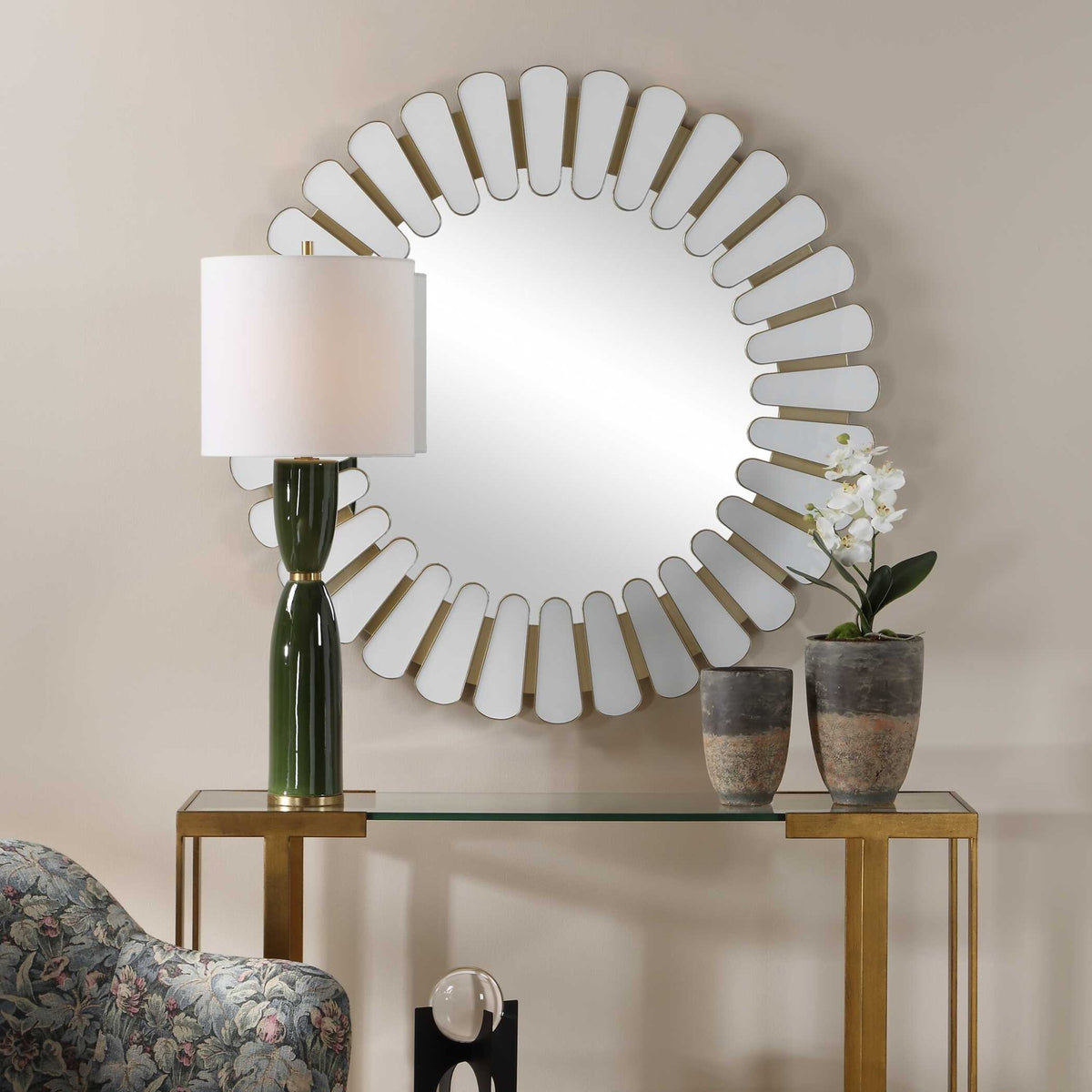 Miran White Glass Round Mirror Mirrors| Uttermost