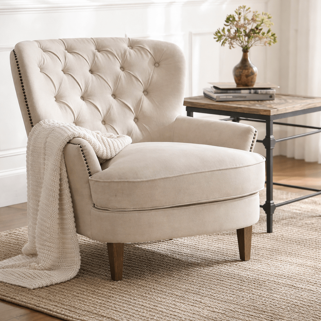 Modern Armchair in Velvet and Swedish Wood - 90x80x90 cm - Beige - by Alhome - AL-32-a Chairs| Alhome