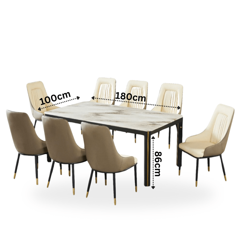 Modern dining set for 8 people with elegant golden accents. Dining Room Sets| Otath