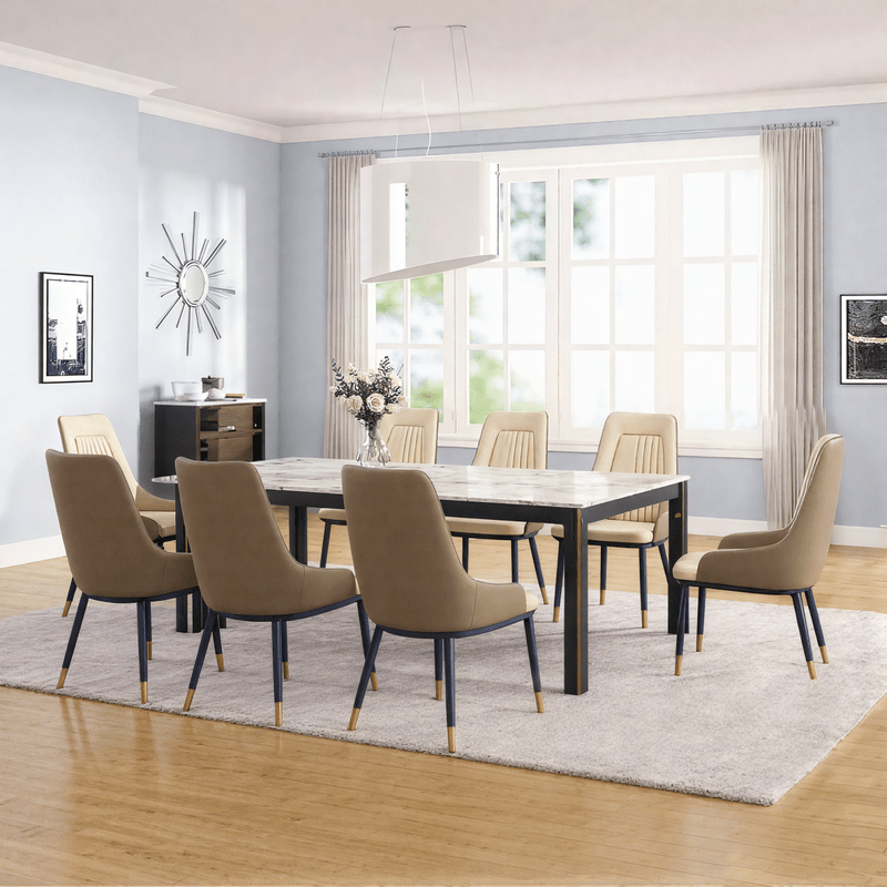 Modern dining set for 8 people with elegant golden accents. Dining Room Sets| Otath