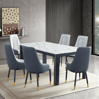 Modern dining set with an artificial marble table and dual - tone gray chairs. - Al Rugaib Furniture