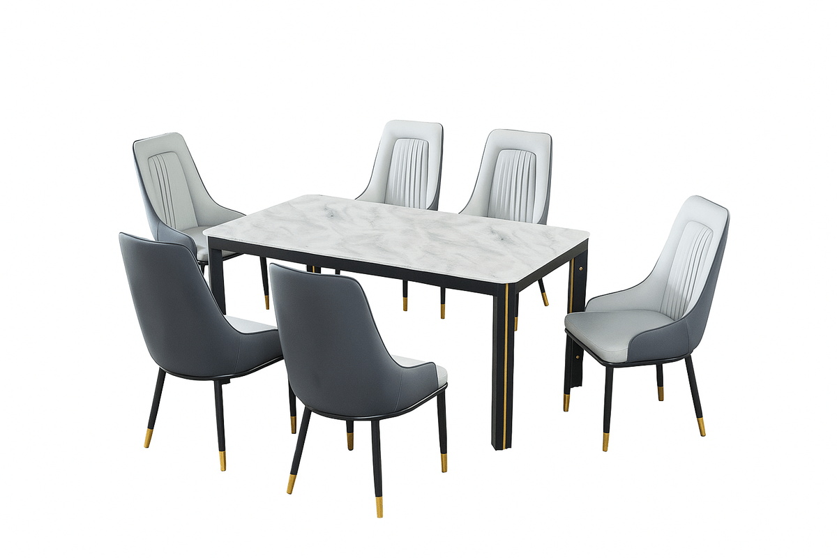 Modern dining set with an artificial marble table and dual-tone gray chairs. Dining Room Sets| Otath