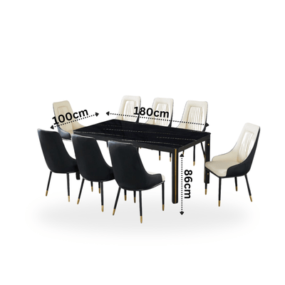 Modern dining table with 8 chairs and a black artificial marble top with golden accents. - Al Rugaib Furniture