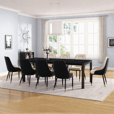 Modern dining table with 8 chairs and a black artificial marble top with golden accents. - Al Rugaib Furniture