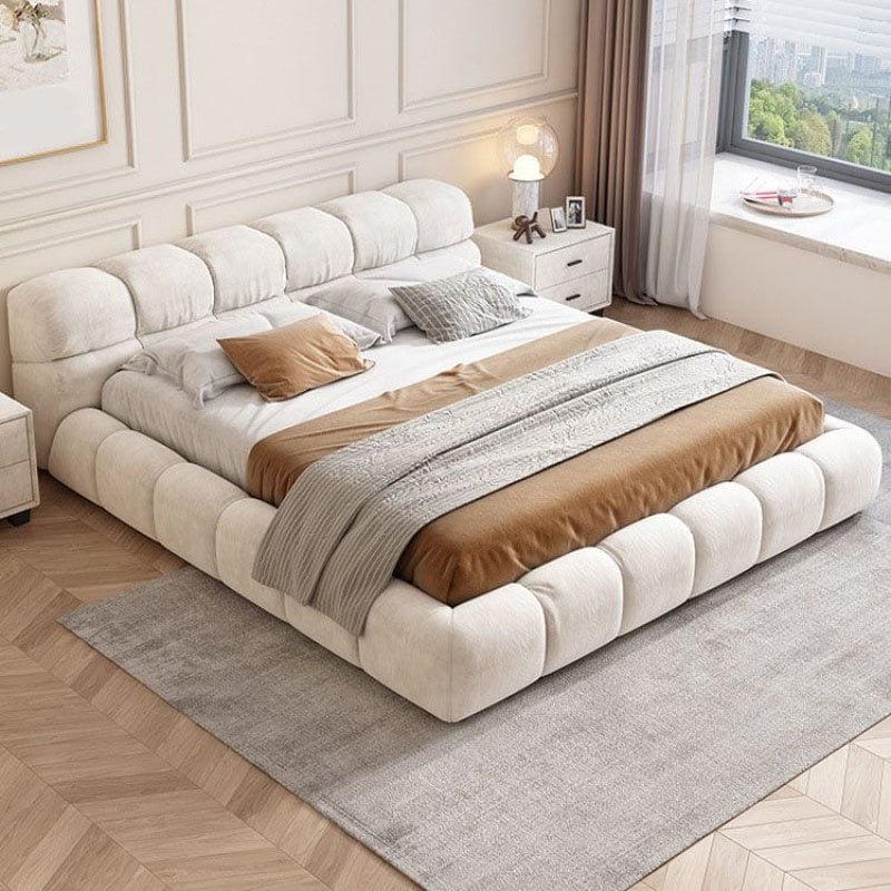 Modern Light Beige Chenille Upholstered Bed by Alhome - Al Rugaib Furniture