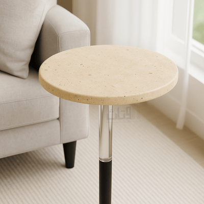 Modern Side Table – Travertine Top with Black Metal Base - Al Rugaib Furniture