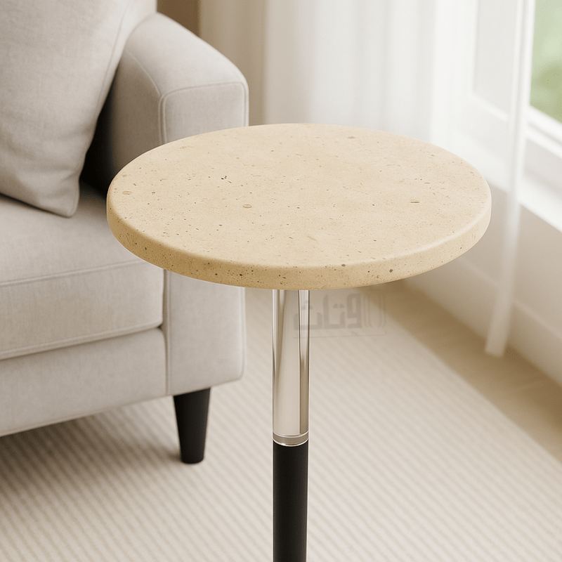 Modern Side Table – Travertine Top with Black Metal Base - Al Rugaib Furniture