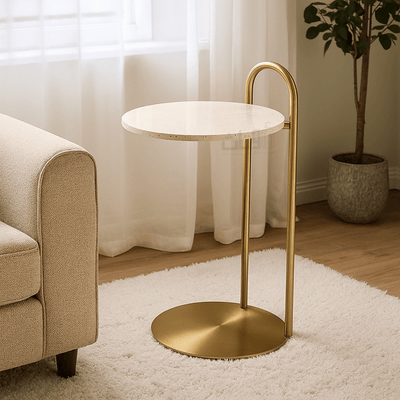 Modern Side Table – Travertine Top with Elegant Gold Stainless Steel Base - Al Rugaib Furniture