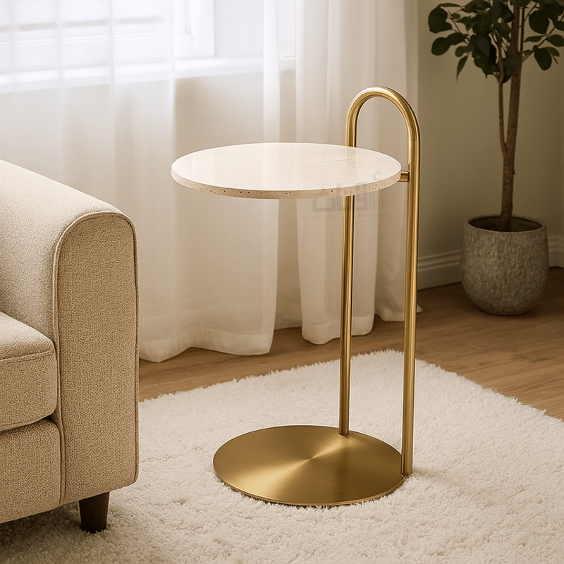 Modern Side Table – Travertine Top with Elegant Gold Stainless Steel Base - Al Rugaib Furniture