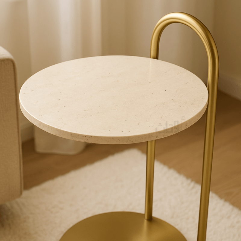 Modern Side Table – Travertine Top with Elegant Gold Stainless Steel Base - Al Rugaib Furniture