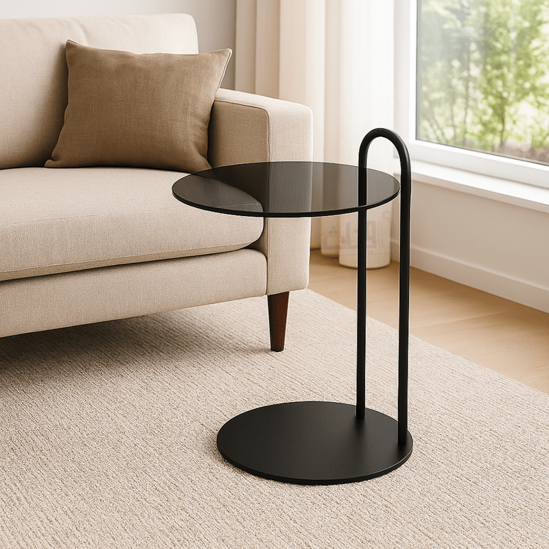 Modern Side Table with Black Glass Top and Matte Black Metal Frame End Table| Otath