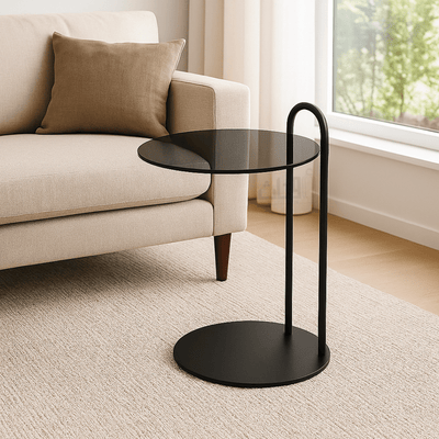 Modern Side Table with Black Glass Top and Matte Black Metal Frame - Al Rugaib Furniture