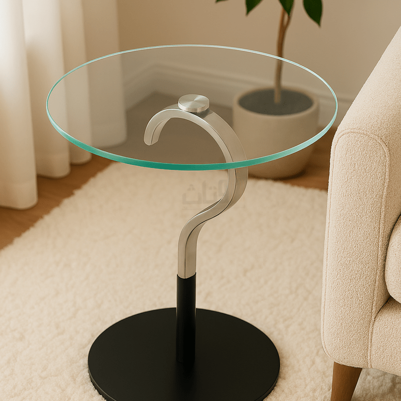 Modern Side Table with Travertine Top and Black Metal Base End Table| Otath